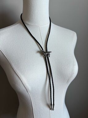 Western cowgirl cowboy Black Braided Leather Bolo Tie with Silver Horse Accent